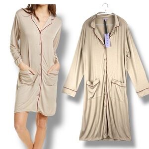 NWT Hale Bob Bamboo Nightgown Button Nightshirt Pockets beige/burgundy trim L